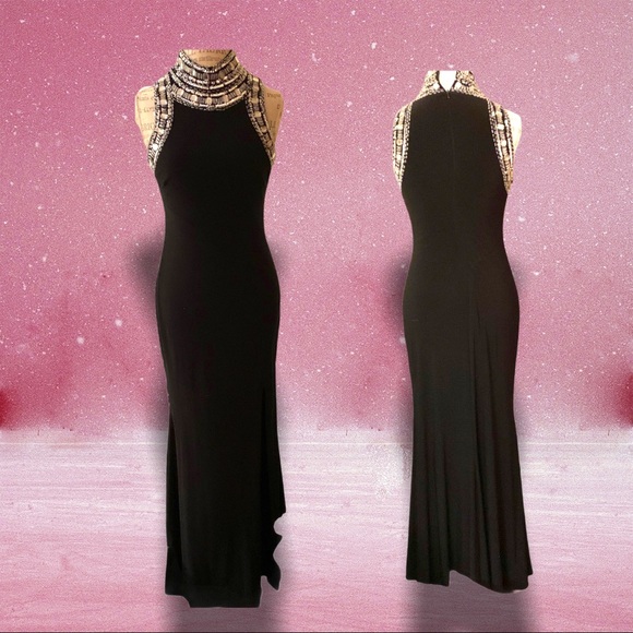 Aqua Black Mock Neck Beaded Sleeveless Gown Size 6 - Picture 11 of 16